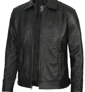 MensRealLeatherBlackShirtCollarLeatherJacket
