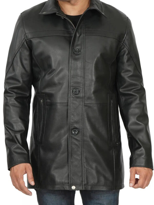 Bristol Mens Black Real Leather Car Coat - Image 3