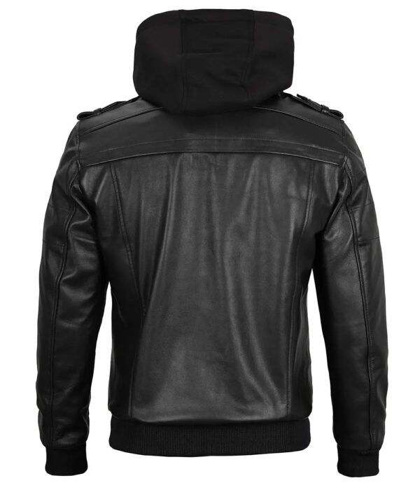 Edinburgh Mens Black Bomber Leather Jacket With Removable Hood - Image 2