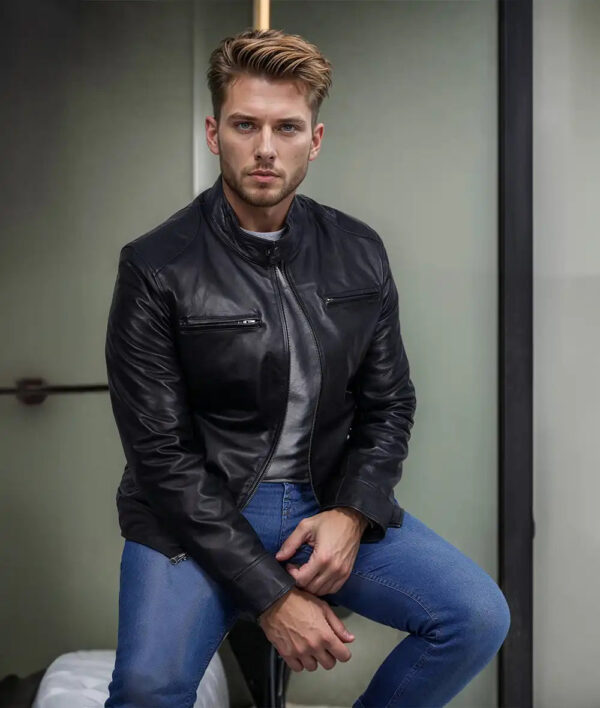 Dodge Mens Black Cafe Racer Leather Biker Jacket - Image 5