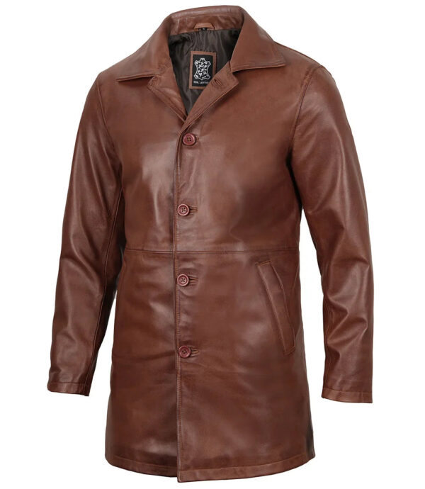 Mens Tan Brown 3/4 Length Leather Car Coat - Image 4