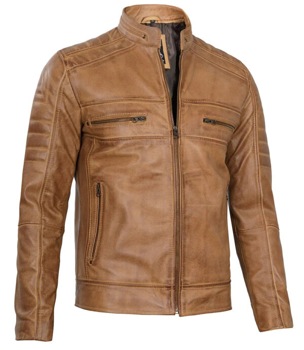 Austin Mens Distressed Tan Cafe Racer Real Leather Jacket - Image 5