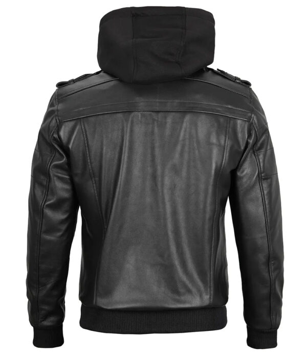 Edinburgh Tall Mens Black Leather Jacket with Removable Hoodie - Image 2