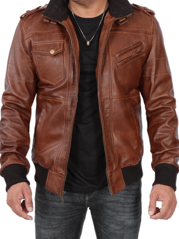 Edinburgh Mens Brown Tall Bomber Leather Jacket With Removable Hood - Image 4
