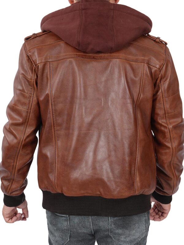 Edinburgh Mens Brown Tall Bomber Leather Jacket With Removable Hood - Image 2