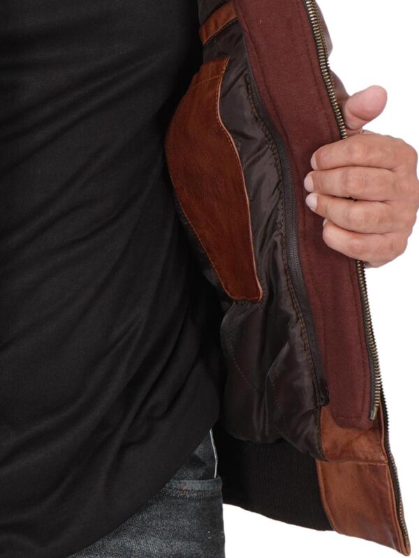 Edinburgh Mens Brown Tall Bomber Leather Jacket With Removable Hood - Image 8
