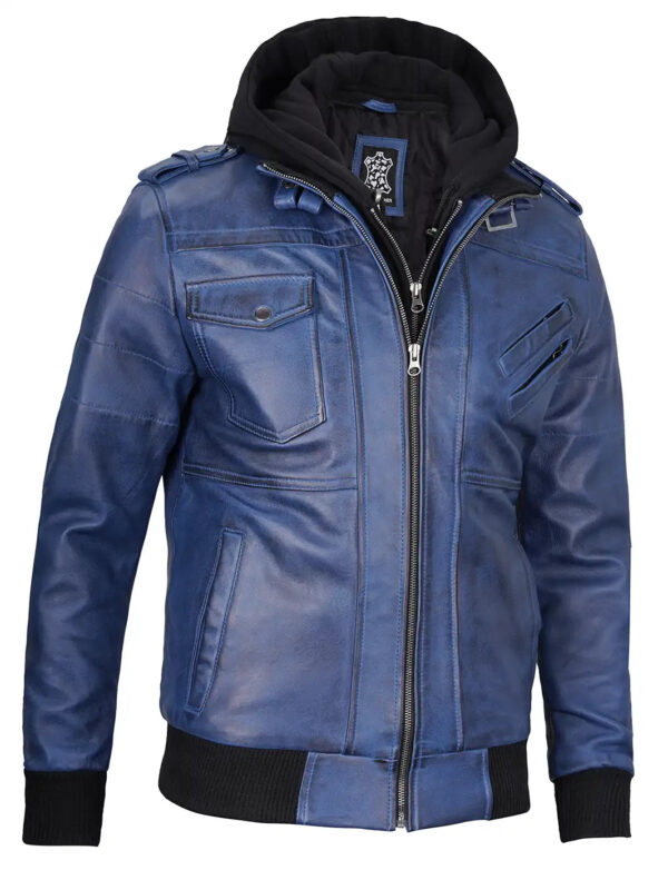 Edinburgh Mens Blue Wax Leather Jacket With Hood - Image 7