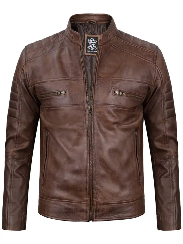 Austin Distressed Coffee Brown Cafe Racer Leather Jacket for Men - Image 5