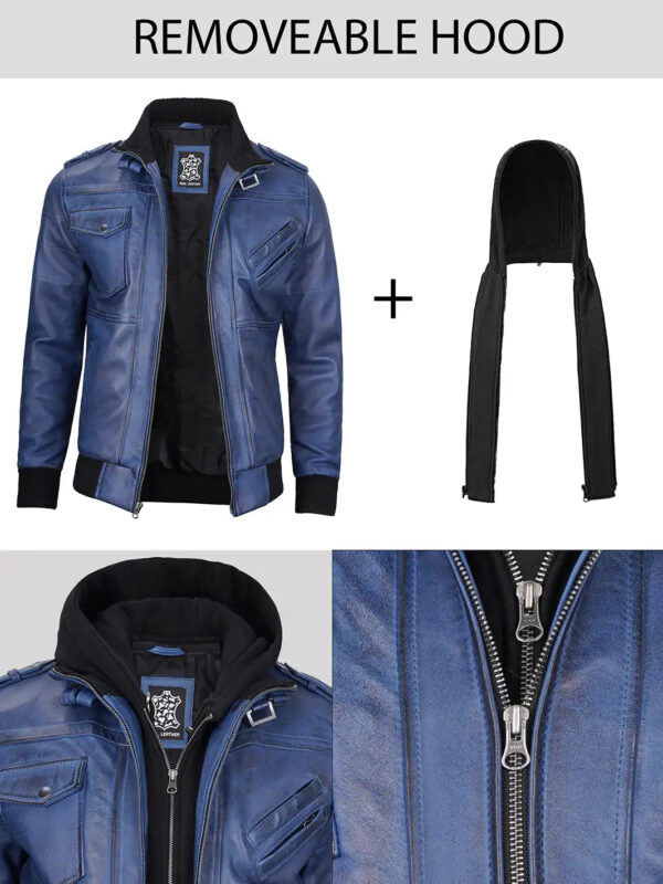Edinburgh Mens Blue Wax Leather Jacket With Hood - Image 8