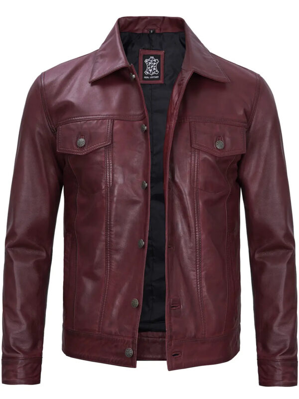 Fernando Men's Maroon Leather Trucker Jacket - Image 4