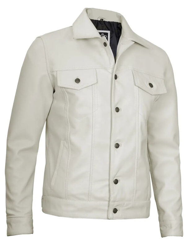 Fernando Men's Off White Leather Trucker Jacket - Image 3
