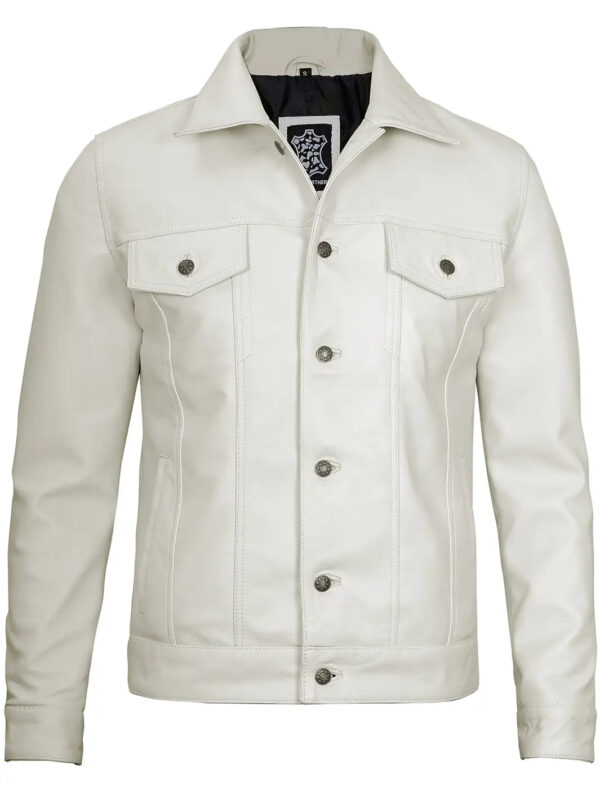 Fernando Men's Off White Leather Trucker Jacket - Image 4