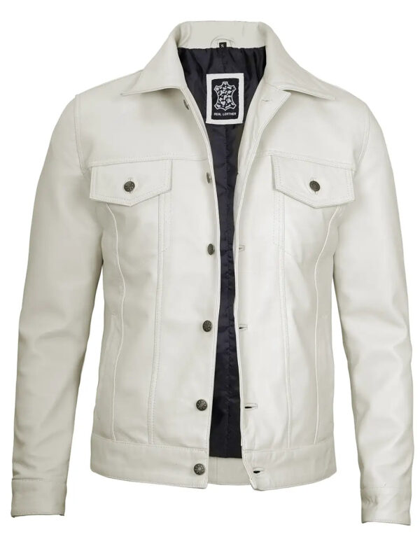 Fernando Men's Off White Leather Trucker Jacket - Image 5