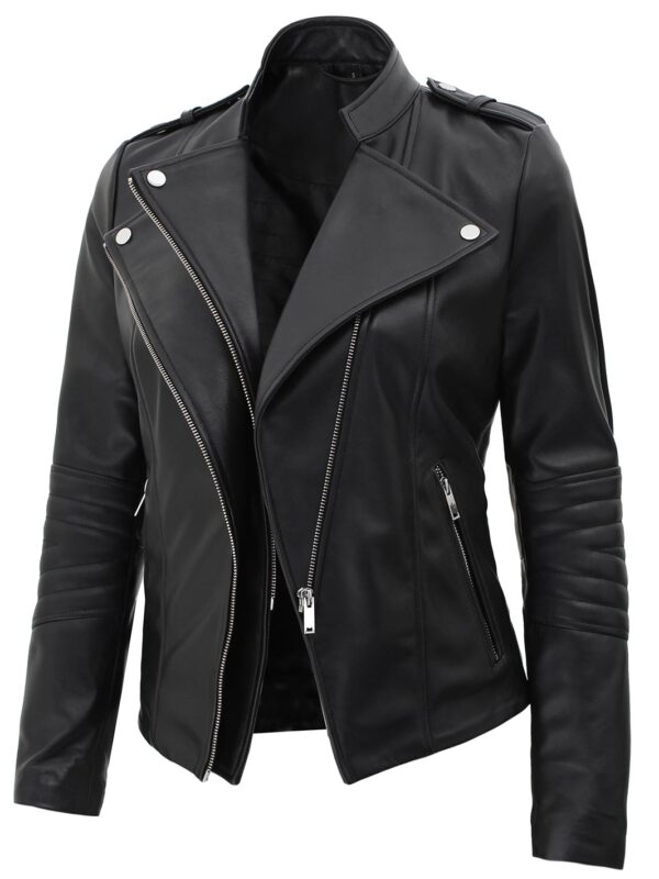 Monica Women's Black Asymmetrical Leather Jacket - Image 4