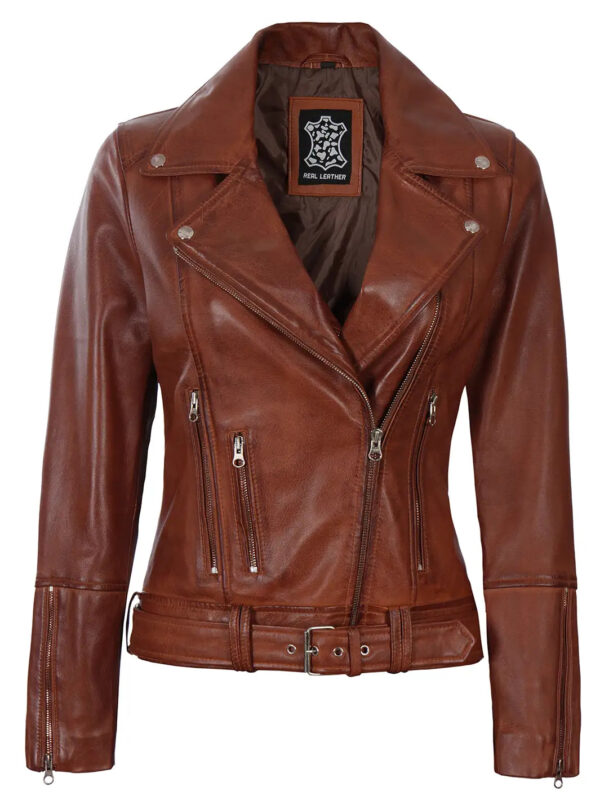Elisa Womens Cognac Brown Asymmetrical Motorcycle Leather Jacket - Image 4