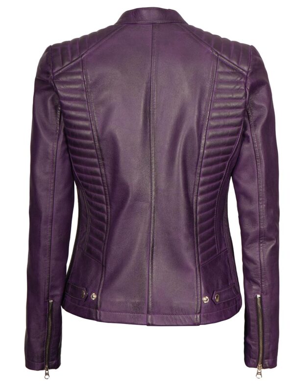 Rachel Womens Biker Purple Leather Jacket - Image 2