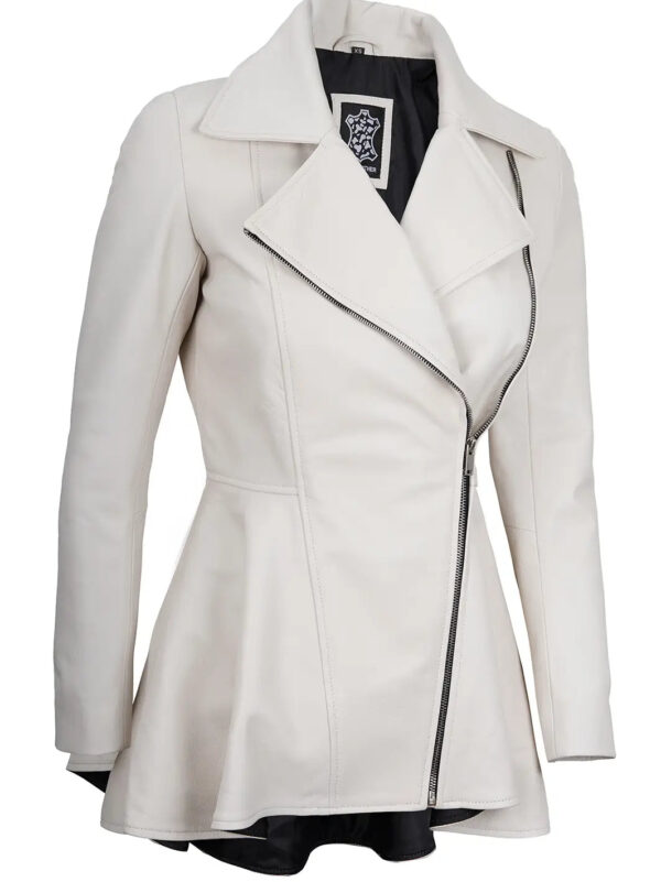 Clarissa Off White Asymmetrical Peplum Leather Jacket - Image 3