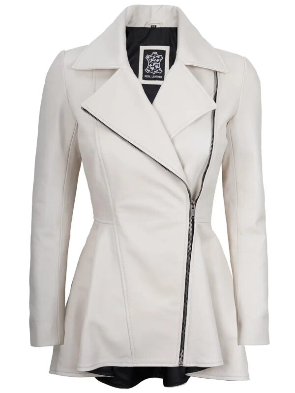 Clarissa Off White Asymmetrical Peplum Leather Jacket - Image 5