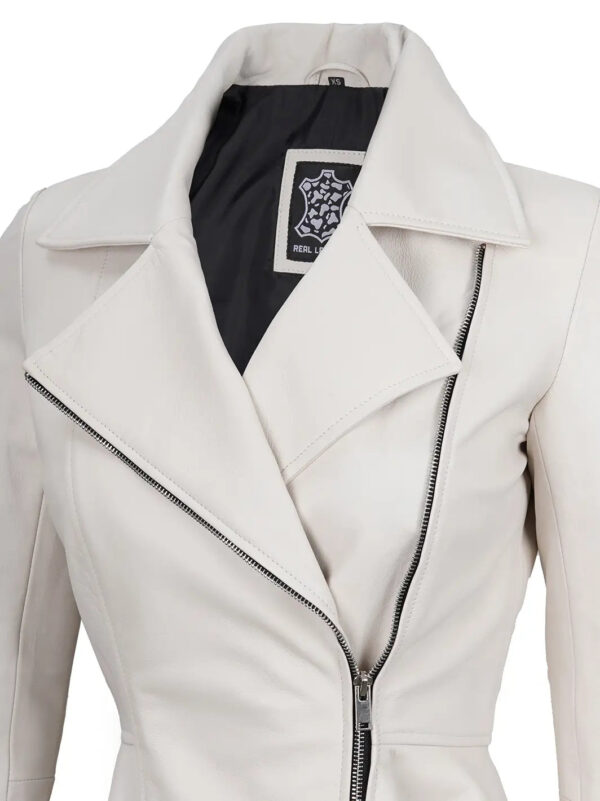 Clarissa Off White Asymmetrical Peplum Leather Jacket - Image 4