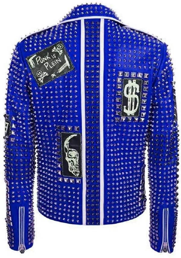 Men’s Brando Studded Multi Patches Punk Black Leather Jacket - Image 4