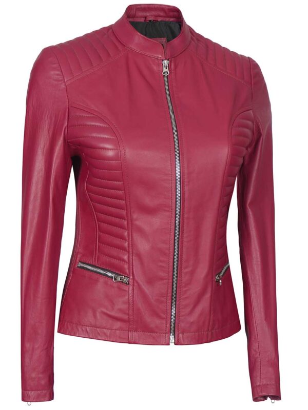 Rachel Women's Pink Cafe Racer Leather Jacket - Image 3