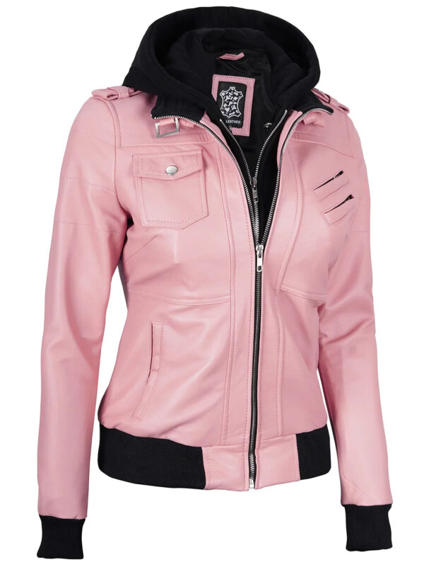 Edinburgh Pink Leather Bomber Jacket With Hood - Image 5