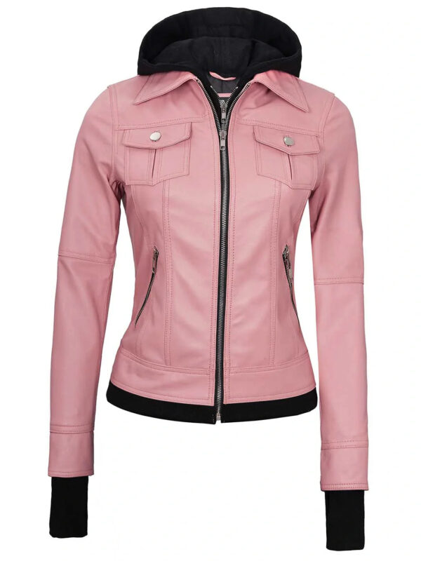 Women's Pink Hooded Leather Motorcycle Jacket - Image 5