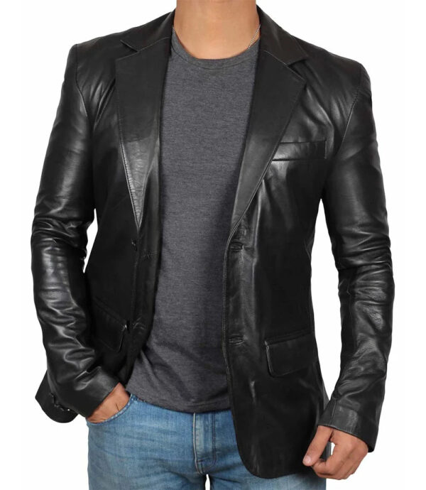 Tall Men's Two Buttons Black Real Leather Blazer - Image 7