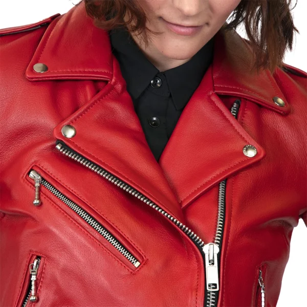 Maria Red Leather Moto Jacket - Image 8