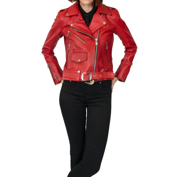 Maria Red Leather Moto Jacket - Image 3