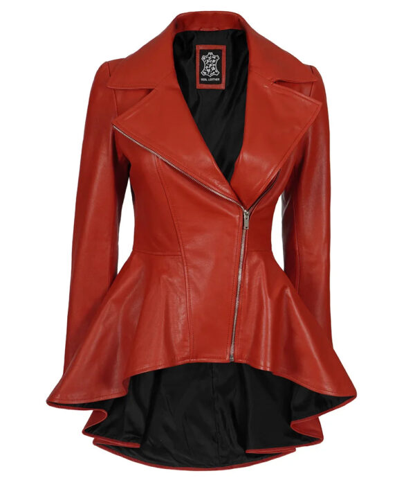 Clarissa Womens Red Asymmetrical Peplum Leather Jacket - Image 3