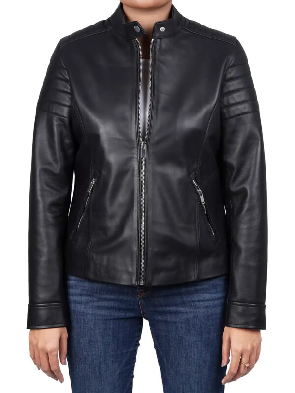 Carrie Relax Fit Black Cafe Racer Leather Jacket - Image 3