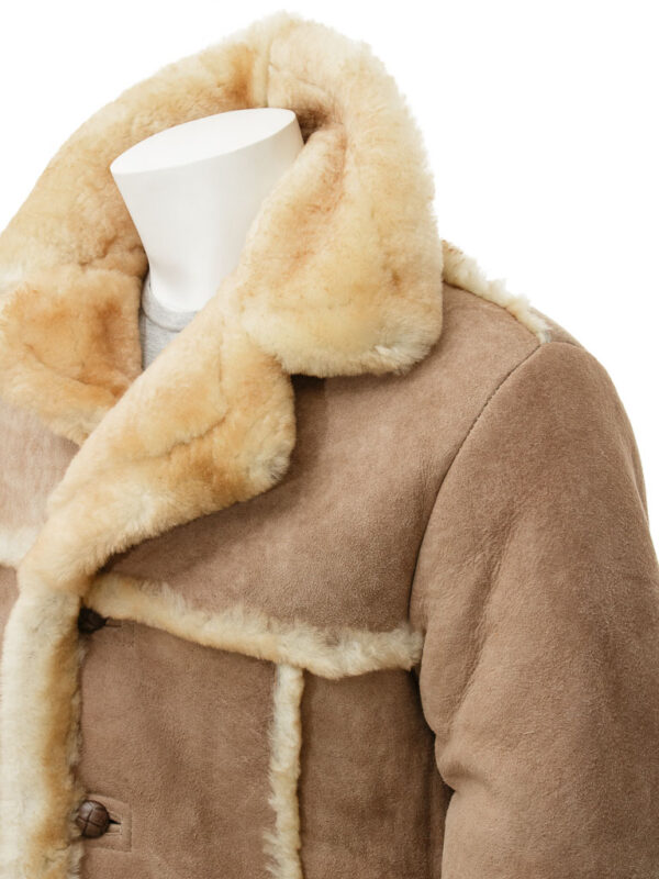 Mens Sand Brown Sheepskin Leather Fur Coat - Image 3