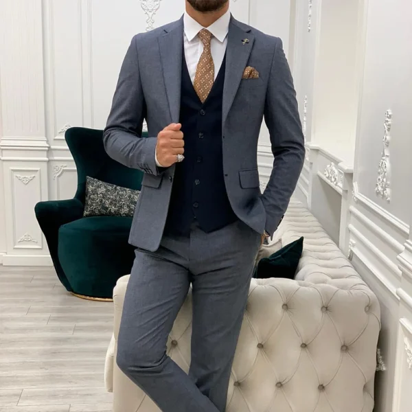 Mens Navy Blue Tweed 3 Piece Suit - Image 8