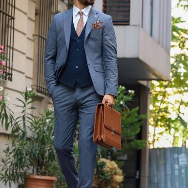 Mens Navy Blue Tweed 3 Piece Suit - Image 9