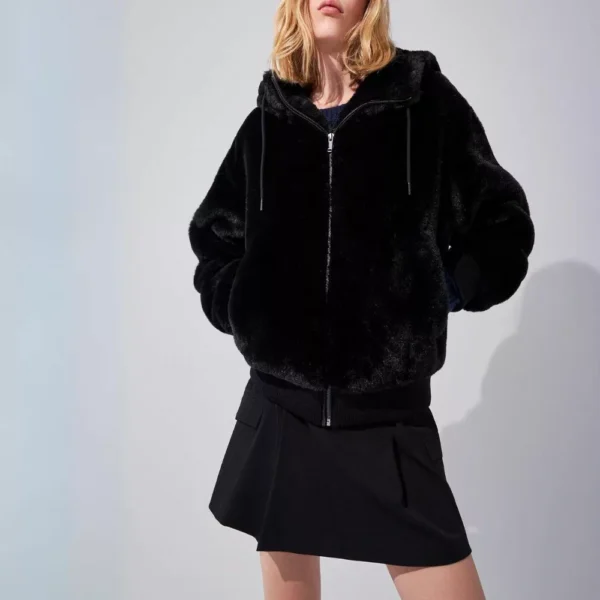 Womens Black Faux Fur Hooded Jacket - Image 2