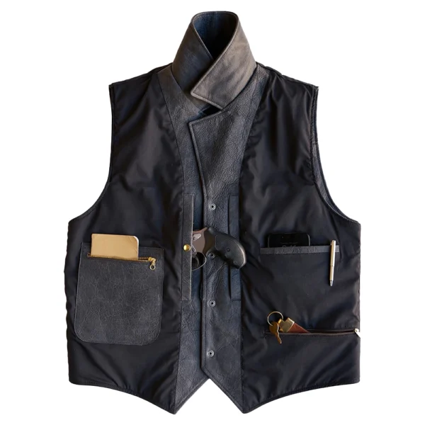 Men’s Notch Collar Charcoal Vest In Leather - Image 7