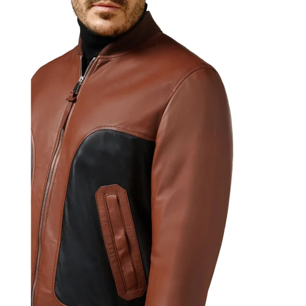 Men’s Brown and Black Bomber Leather Jacket - Image 4