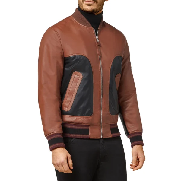 Men’s Brown and Black Bomber Leather Jacket - Image 2