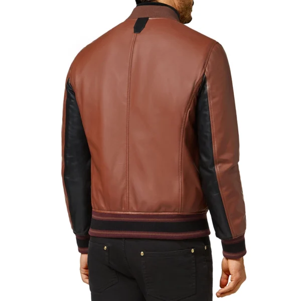 Men’s Brown and Black Bomber Leather Jacket - Image 3