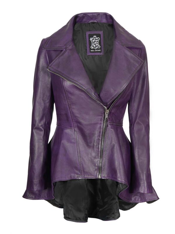 Womens Asymmetrical Peplum Purple Leather Jacket - Image 3