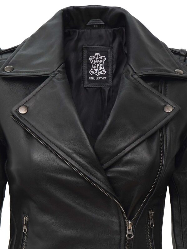 Kirsten Women's Black Asymmetrical Leather Motorcycle Jacket - Image 4