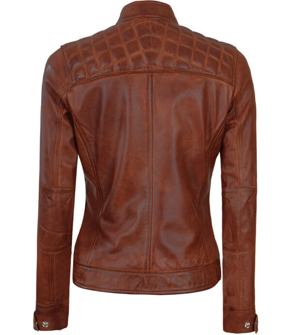Johnson Women's Cognac Quilted Cafe Racer Leather Jacket - Image 2