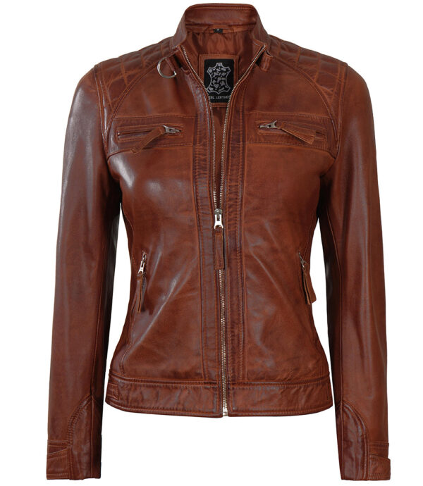 Johnson Women's Cognac Quilted Cafe Racer Leather Jacket - Image 5