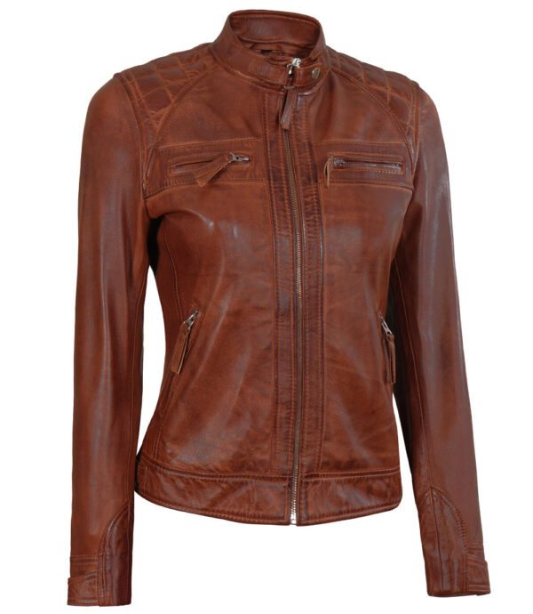 Johnson Women's Cognac Quilted Cafe Racer Leather Jacket - Image 6