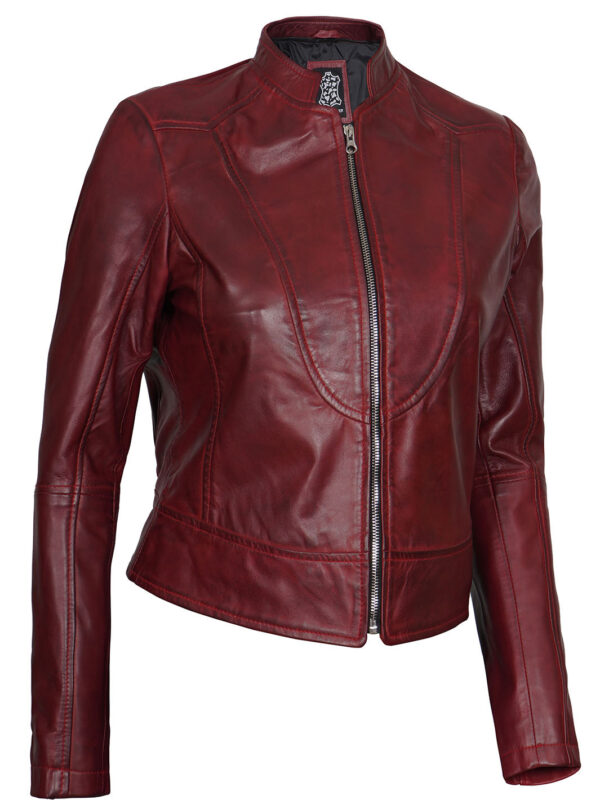 Amy Womens Maroon Cafe Racer Leather Jacket - Image 6