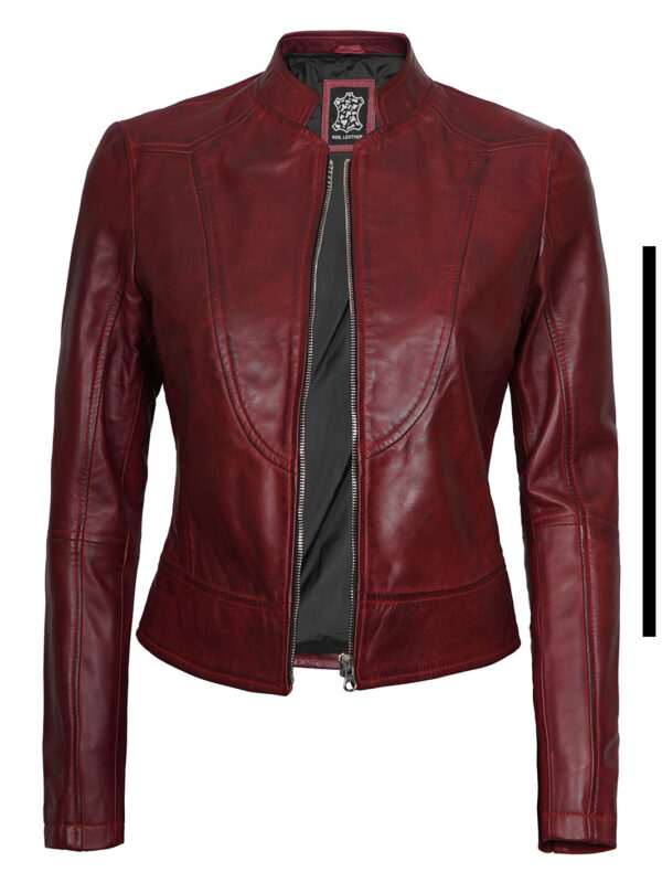 Amy Womens Maroon Cafe Racer Leather Jacket - Image 7