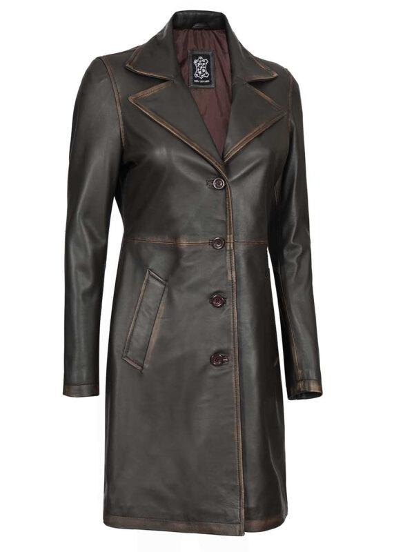 Bryson Women Rub Off Dark Brown Leather Trench Coat - Image 7