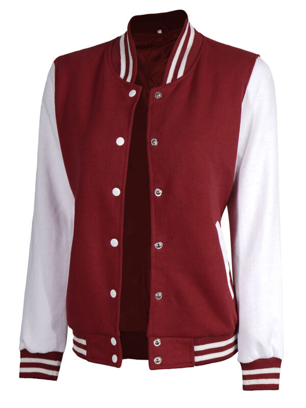 Women's White & Maroon Plain Lettermen Jacket - Image 5