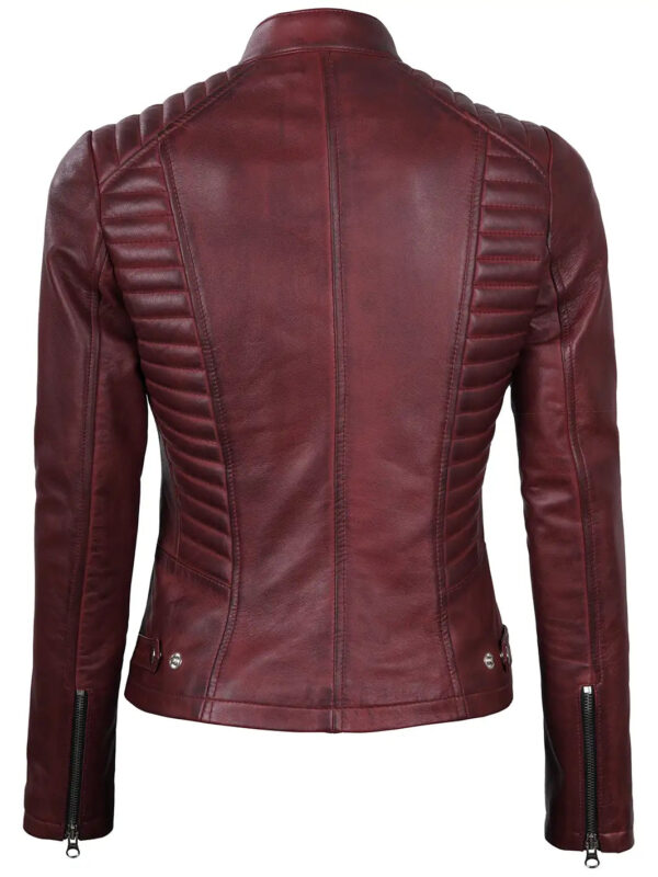 Rachel Women's Maroon Cafe Racer Leather Jacket - Image 2